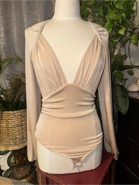 Free People Shimmery Nude V-Neck Long Sleeve Bodysuit
